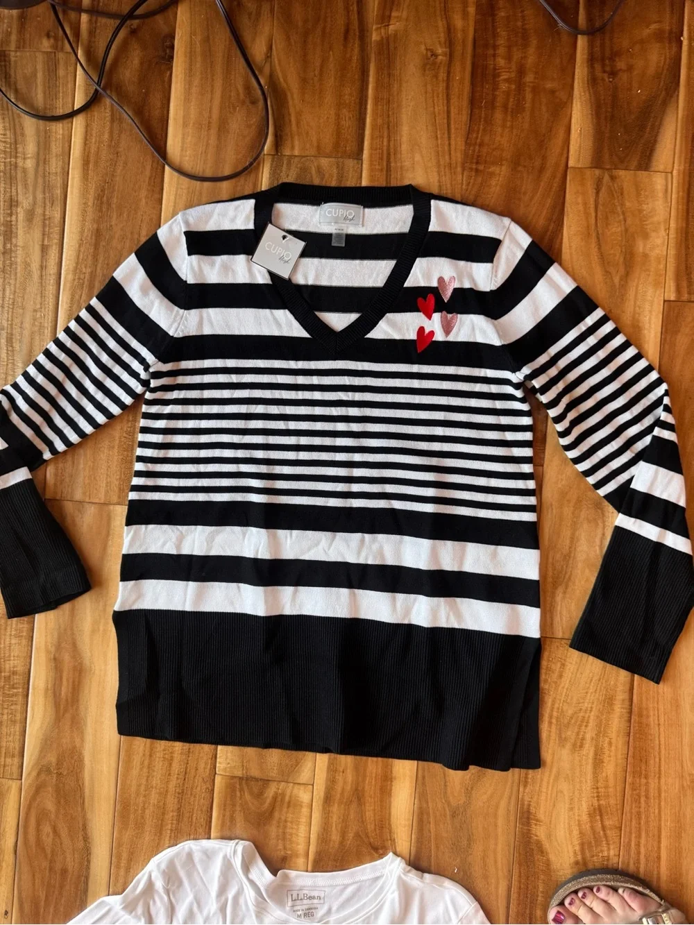 Cupio Black & White Striped V-Neck Sweater with Red & Pink Heart Details